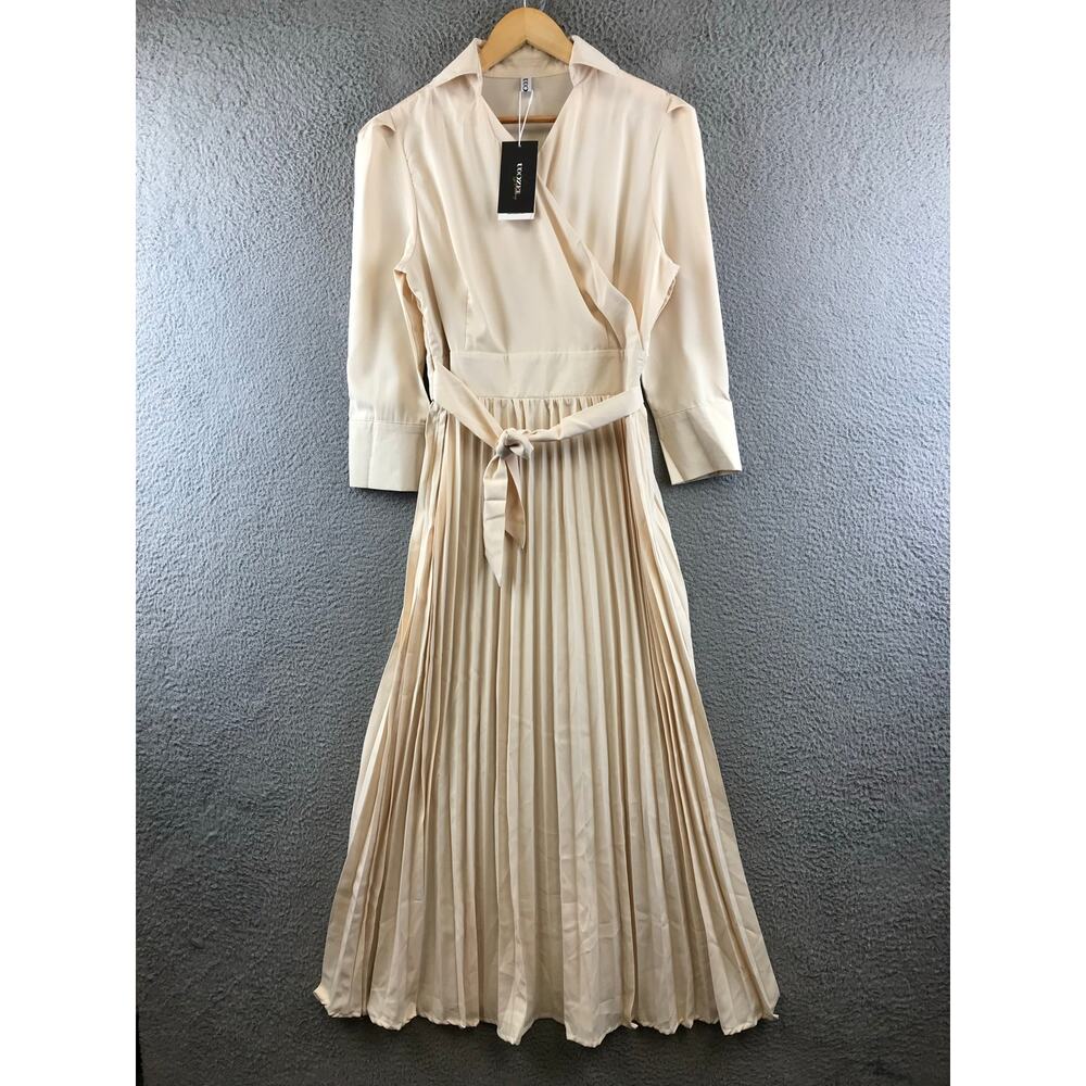 New Uoozee Women Beige with Belt‎ Wrap Pleated Dress M